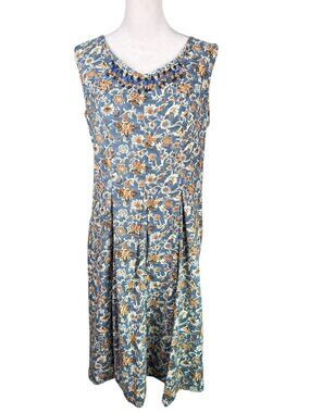Plain Jane by Sweet Baby Jane 8 VTG Sleeveless Dress Beaded Pleats Blue Floral